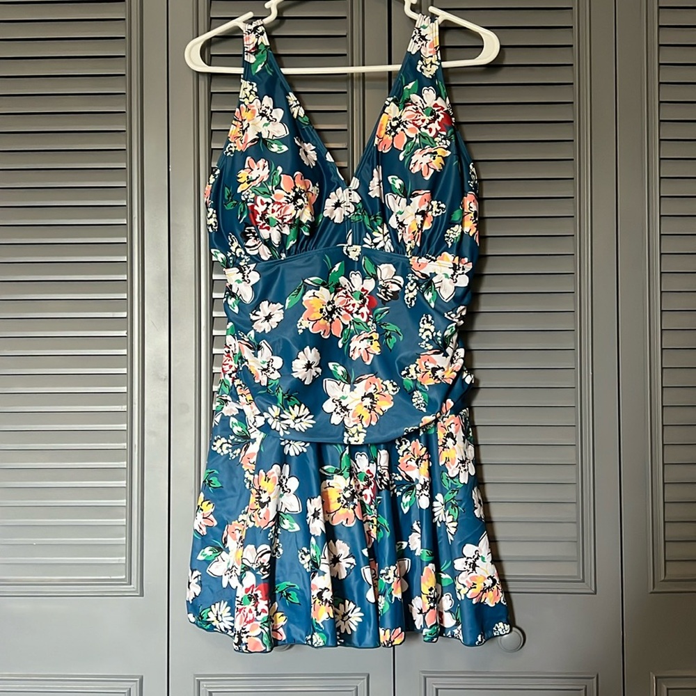 Teal Floral V-Neck Skater Dress